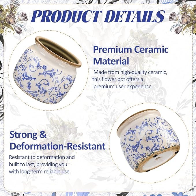 1 Pcs Vintage Planter Large Ceramic Plants Pot Blue Chinoiserie Crack Cottage Scroll Vase Flower Vase Pot Indoor Plants Home Kitchen Decor Farmhouse Antique Decorative Gift-HomvellaHome