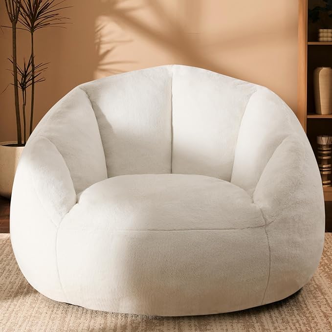 Giant Bean Bag Chair for Adults - Comfy Plush Round Shell Soft Accent Chair, Oversized Cozy Lounge Floor Sofa Reading Chair, Mini Couch for Living Room, Bedroom & Game Rooms, Beige-HomvellaHome