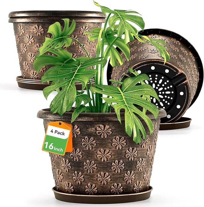 16 Inch Planter Pots for Plants, Plastic Large Flower Pots Indoor Outdoor, 4 Pack Resin Plant Pot with Drainage & Saucer, Retro Decorative Garden Pot with Removable Trays for House-HomvellaHome