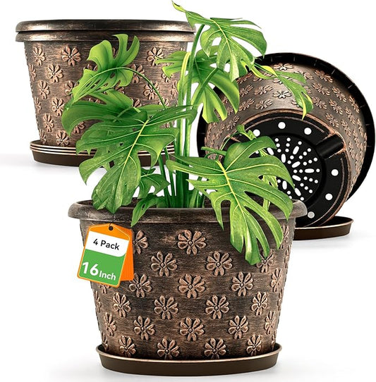 16 Inch Planter Pots for Plants, Plastic Large Flower Pots Indoor Outdoor, 4 Pack Resin Plant Pot with Drainage & Saucer, Retro Decorative Garden Pot with Removable Trays for House-HomvellaHome