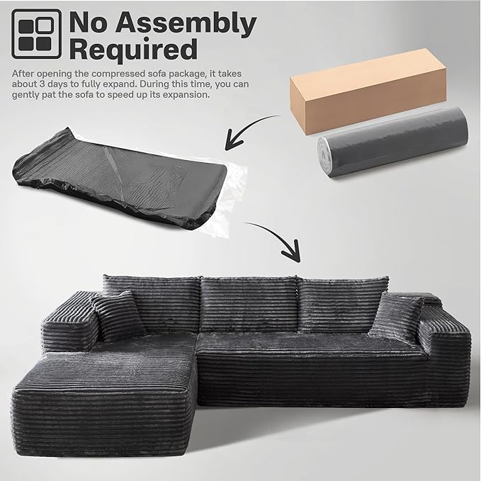 104" Cloudy Sectional L Shaped Couch for Living Room, No Assembly Required, Modular Comfy Sofa with Deep Seat, Fluffy Couch with Sleeper Chaise for Apartment Lounge (Grey)-HomvellaHome