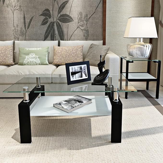 Glass Coffee Table for Living Room, 2 Layer Center Table with Clear Rectangle Tempered Glass Top Black Metal Leg, Mordern Home Office Furniture-HomvellaHome