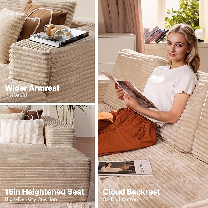 104" Cloudy Sectional L Shaped Couch for Living Room, No Assembly Required, Modular Comfy Sofa with Deep Seat, Fluffy Couch with Sleeper Chaise for Apartment Lounge (Beige)-HomvellaHome