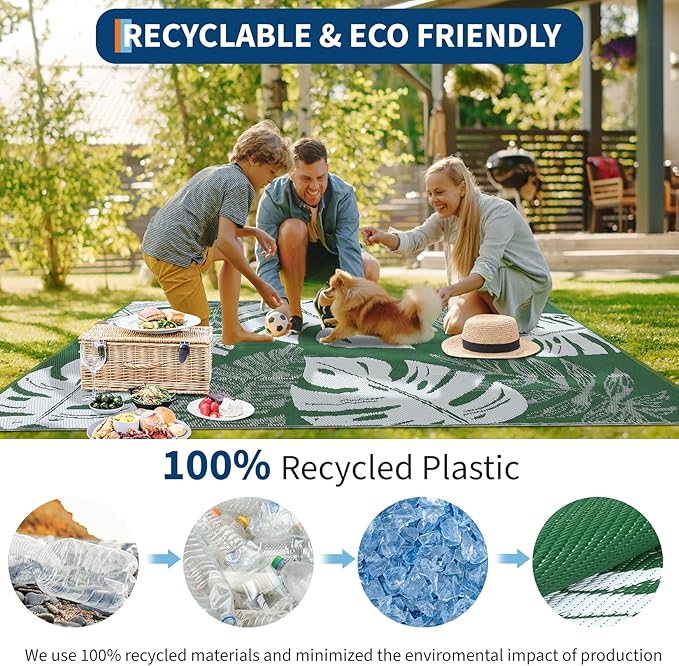 GAOMON Waterproof Plastic Straw Rug 9x12 Outdoor Patio Rug, Reversible Modern Camping Mat with Bag & Stakes, UV Resistant & Easy to Clean Outdoor Carpet for RV, Deck, Balcony, Green-HomvellaHome