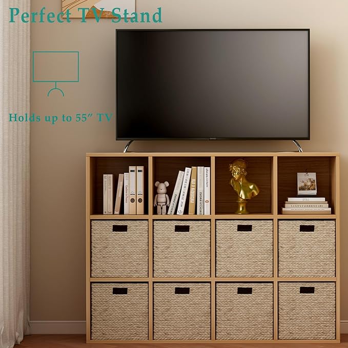 12-Cube Storage Shelf Bookcase - Wooden 3-Tier Floor Standing Open Bookshelf for Home and Office, Display Cabinet, Oak-HomvellaHome