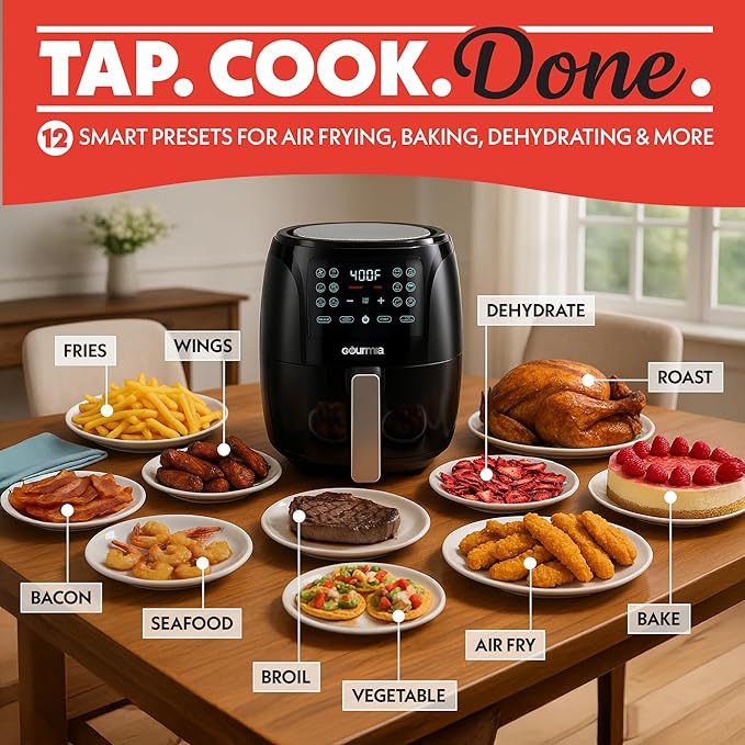 Gourmia Air Fryer 6 QT Digital – Guided Cooking with 12 One‑Touch Presets, FryForce 360 Large XL Basket, Touchscreen, Dishwasher‑Safe Accessories, Healthy No‑Oil Cooking GAF686-HomvellaHome