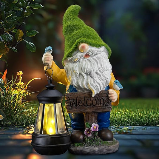 Garden Gnome Outdoor Statues with Solar Lights,Resin Flocked Solar Gnome Statue Holding Lantern,Outdoor Gnomes Decorations for Garden, Patio Gnome Gifts for Mom-HomvellaHome