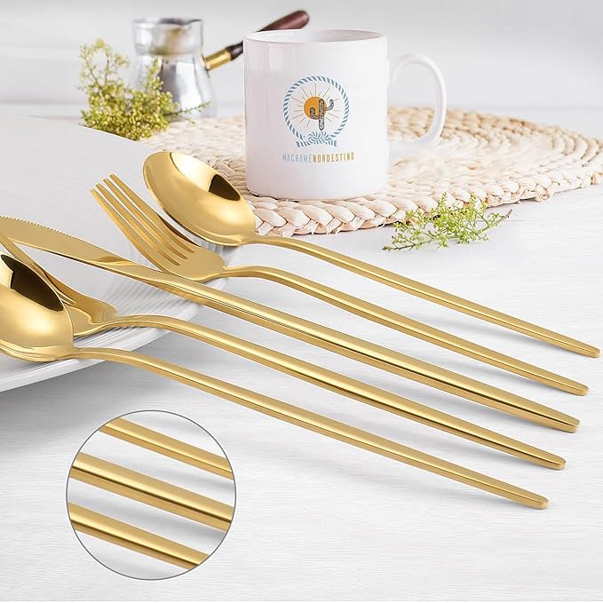 Gold Silverware Set, KassKa 40 Pieces Flatware Cutlery Set, Stainless Steel Utensils Set Spoon Fork Knives Set for Home Restaurant and Kitchen, Mirror Polished Finished, Service for 8-HomvellaHome