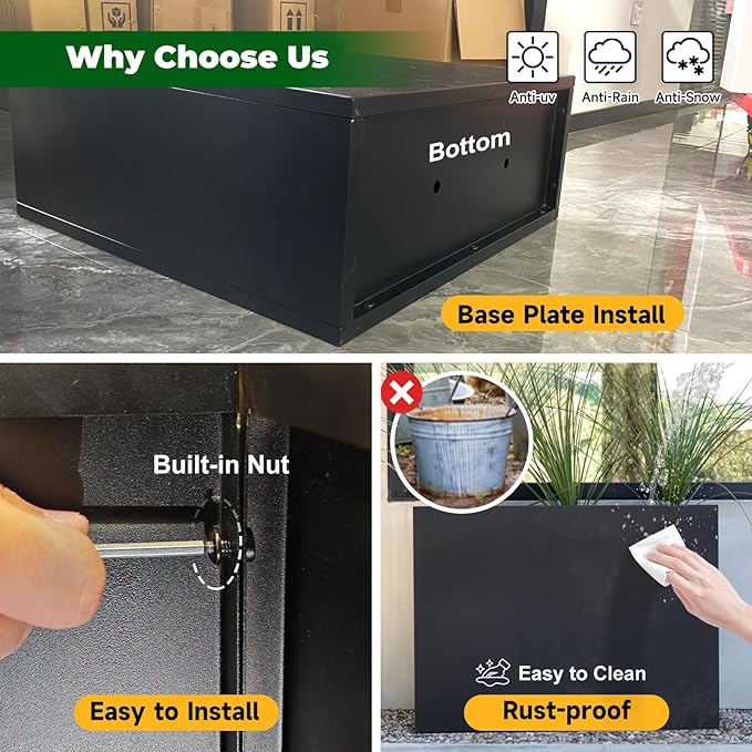 Galvanized Steel Metallic Heavy Planter for Outdoor Plants Metal Outdoor Planter Spliced Flower Box with Partitions for Outside,Indoor,Garden (Black, 30 * 12 * 24)-HomvellaHome