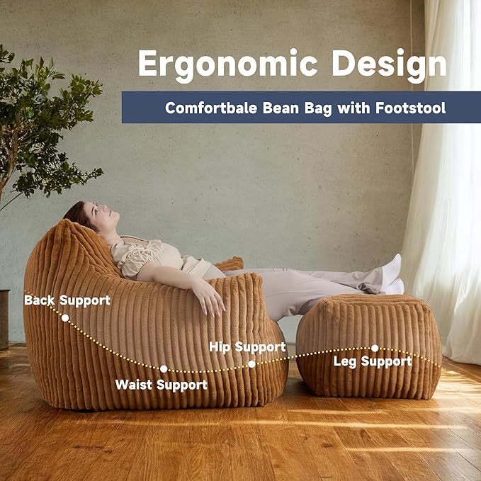 Giant Bean Bag Chairs for Adults, Oversized Chaise Lounge Chair Indoor with Memory Foam - Plush Boneless Lounger & Ottoman for Bedroom, Living Room, Gaming & Reading, Lazy Floor Sofa Chair, Orange-HomvellaHome