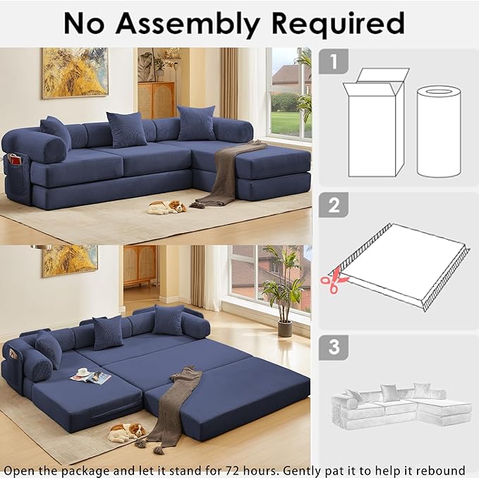 107" Oversized Convertible Sleeper Sofa Bed, Corduroy L Shape Sectional Couch, Folding Sofa Bed with Side Pocket, Modern Cloud Floor Mattress Couch,Modular Sofa for Living Room,Dark Blue-HomvellaHome