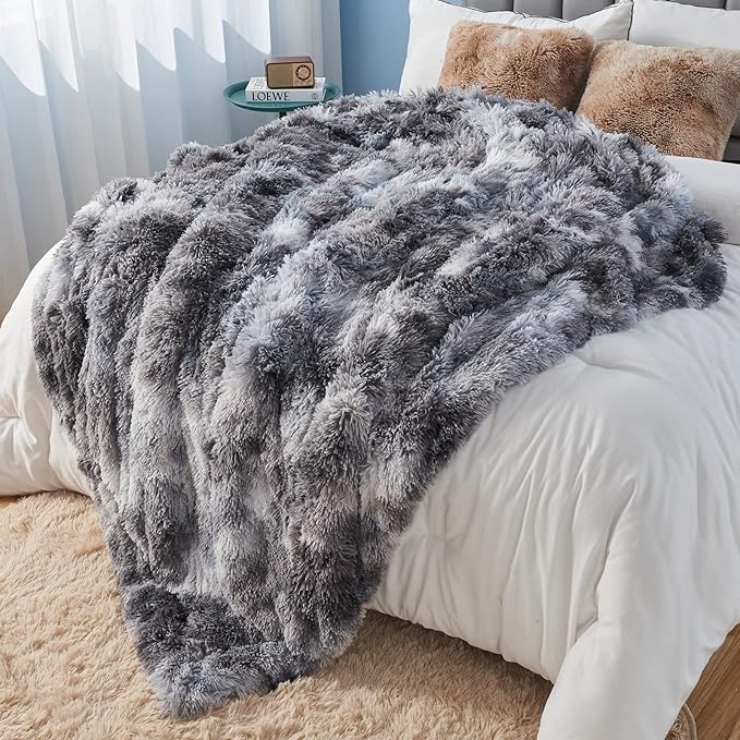 GONAAP Fuzzy Faux Fur Throw Blanket Queen Size Tie-dye Marble Black Super Soft Cozy Plush Fuzzy Shaggy Blanket for Couch Sofa Bed (Tie-dye Marble Black, Queen(90"x90"))-HomvellaHome