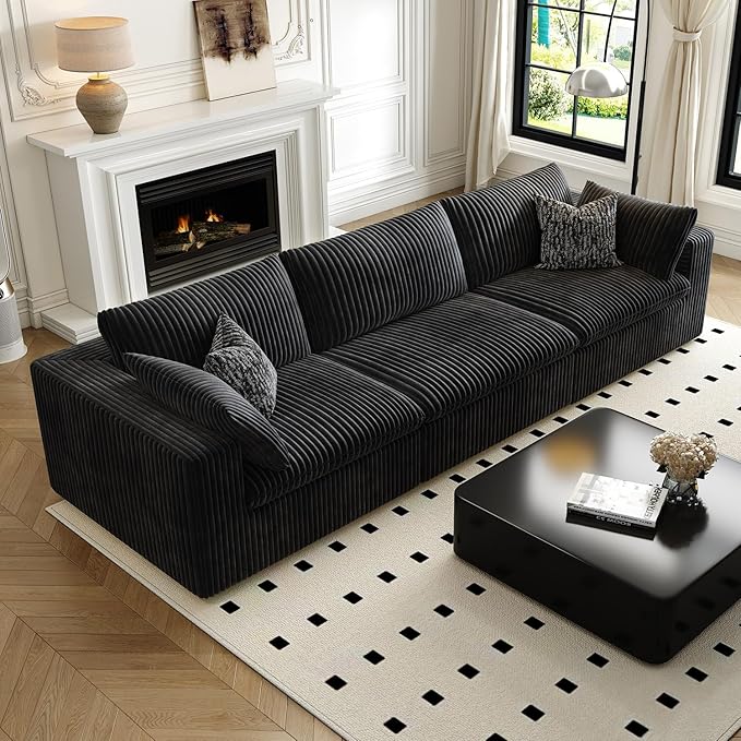 118" Cloud Couch Modular Sectional Sofa for Living Room,Modern Sofa with Deep Seat，3 Seater Boneless Couch,Comfy Upholstered Corduroy Couches for Apartment, Studio, Office,Bedroom，Black-HomvellaHome