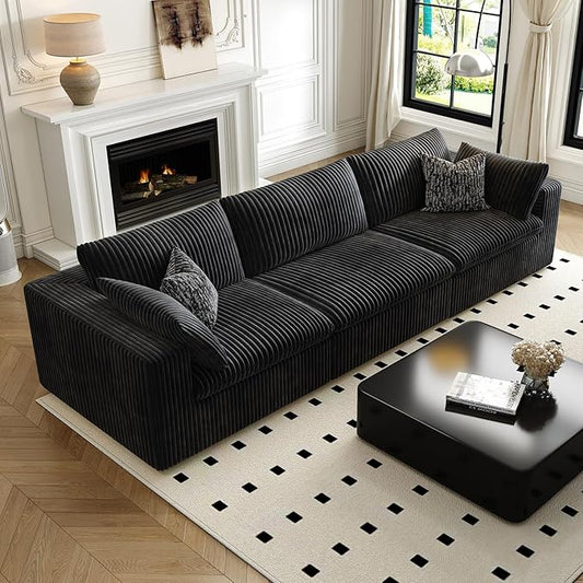 118" Cloud Couch Modular Sectional Sofa for Living Room,Modern Sofa with Deep Seat，3 Seater Boneless Couch,Comfy Upholstered Corduroy Couches for Apartment, Studio, Office,Bedroom，Black-HomvellaHome
