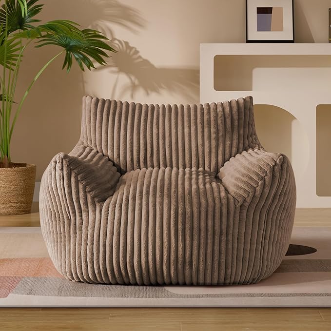 Giant Plush Bean Bag Chair for Adults with Armrests - Oversized Comfy Khaki Beanbag Lounge Lazy Floor Sofa Chair for Living Room, Bedroom & Dorm, Cozy Fluffy Single Cloud Mini Couch-HomvellaHome