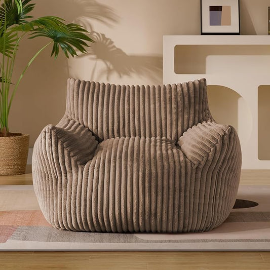Giant Plush Bean Bag Chair for Adults with Armrests - Oversized Comfy Khaki Beanbag Lounge Lazy Floor Sofa Chair for Living Room, Bedroom & Dorm, Cozy Fluffy Single Cloud Mini Couch-HomvellaHome
