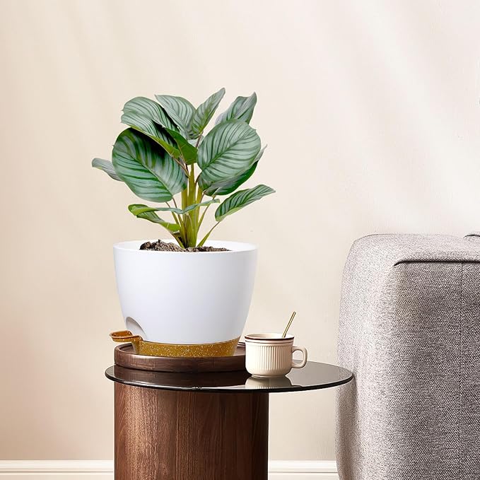 12/10/9 inch Large Self Watering Pots, Plant Pots with Mesh Drainage Holes for Indoor Outdoor Garden Plants, Flower Pots with Deep Reservoir, 3 Pack Plastic Planters, White with Brown-HomvellaHome