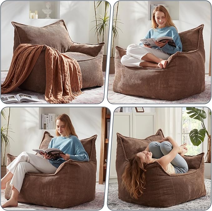 Giant Bean Bag Chair Sofa for Adults Teens, Comfy Corduroy Large Bean Bag Chairs with Armrests for Bedroom Living Room, Adult BeanBag Lazy Sofa Couch Chairs with Filler Included-HomvellaHome