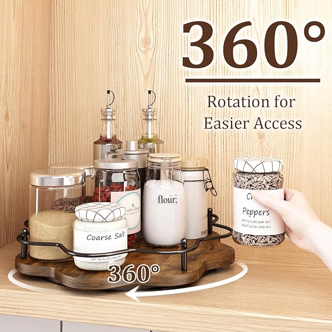 12" Lazy Susan Turntable Organizer,Round Wooden Lazy Susan Organization and Rotating Spice Rack for Dining Table,Pantry,Kitchen Countertop,Vanity,Cupboard and More.Vintage Wood(Petal Shape)-HomvellaHome