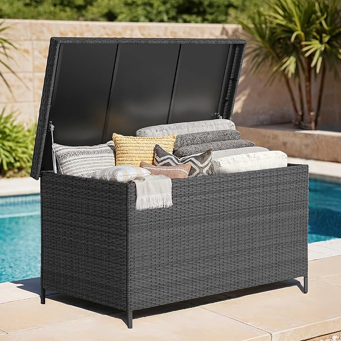 158 Gallon XL Deck Box with Lid, All Weather Wicker Outdoor Storage Box Waterproof, Large Outdoor Patio Storage Bin for Cushions, Garden Tools, Gears, Pool Accessories, Black-HomvellaHome