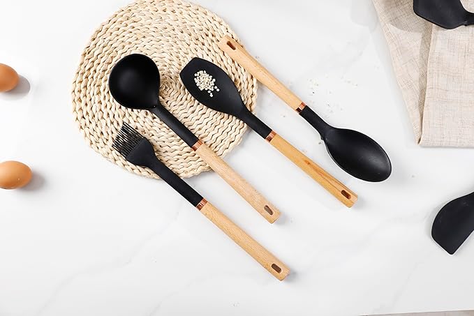 13-Piece silicone utensil set wood handle nonstick cookware safe dishwasher safe kitchen tools BPA free heat resistant (450°F/230°C) ceramic pan safe cooking gifts housewarming (Black)-HomvellaHome