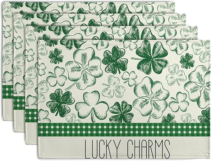 Green Shamrock St Patricks Day Placemats Set of 4 Lucky Clover Plaid Check Table Mat 12x18 Inch St. Patrick's Day Seasonal Holiday Place Mats Spring Linen Placemat for Party Kitchen Dining Decor-HomvellaHome