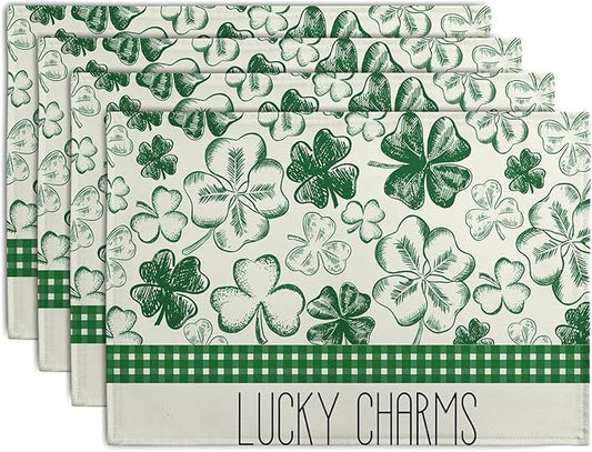 Green Shamrock St Patricks Day Placemats Set of 4 Lucky Clover Plaid Check Table Mat 12x18 Inch St. Patrick's Day Seasonal Holiday Place Mats Spring Linen Placemat for Party Kitchen Dining Decor-HomvellaHome