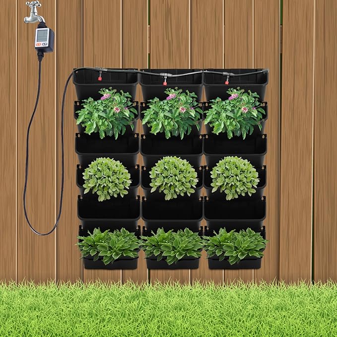 18 Pots Self-Watering Vertical Wall Planter, 39.4”L x 39.4”H Stackable Plastic Wall-Mounted Plant Grow Pots, Wall Hang Garden Planter Outdoor Indoor for Herbs Flowers Strawberries (Black)-HomvellaHome