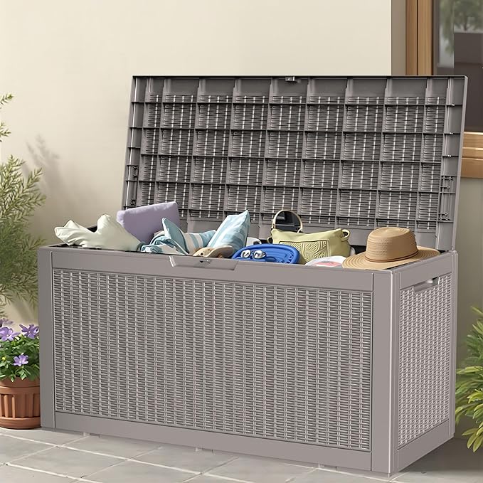 100 Gallon Storage Box, Waterproof Resin Deck Box with Hydraulic Piston Design, Lockable Storage Bench for Package Delivery, Storage Bin for Patio Cushions, Garden Tools, Grey-HomvellaHome