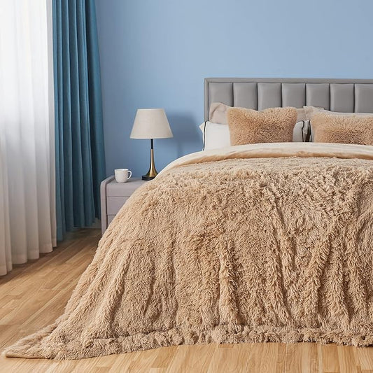 GONAAP Fuzzy Faux Fur Throw Blanket Queen Size Brown Super Soft Cozy Plush Fuzzy Shaggy Blanket for Couch Sofa Bed (Brown, Queen(90"x90"))-HomvellaHome