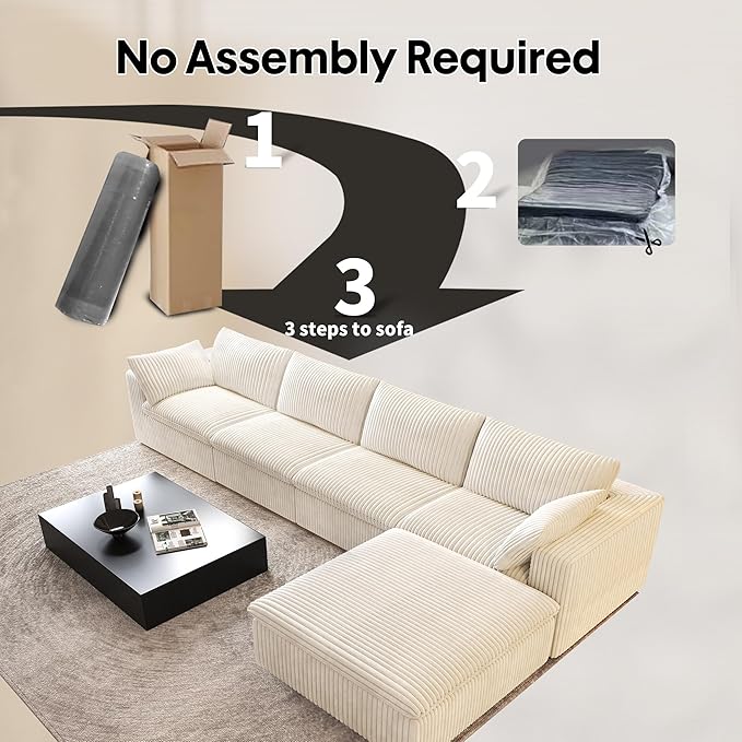 157.5" L Shaped Modern Sofa Modular Sectional Cloud Couch with Ottoman,Deep Seat Upholstered Couches with Corduroy Fabric for Living Room Furniture,Bedroom and Apartment,No Assembly Required,White-HomvellaHome