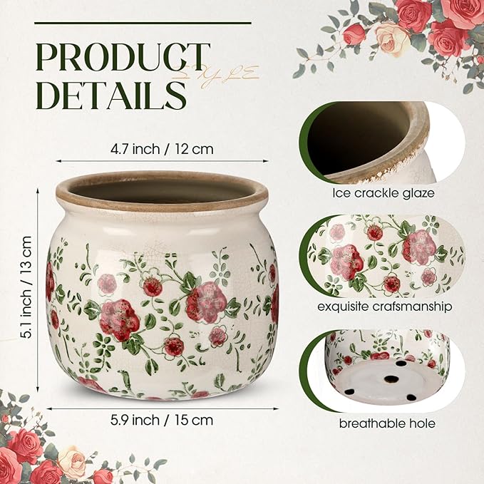 1 Pcs Vintage Planter Large Ceramic Plants Pot Red Plum Crack Cottage Scroll Vase Flower Vase Pot Indoor Plants Home Kitchen Decor Farmhouse Antique Decorative Gift-HomvellaHome