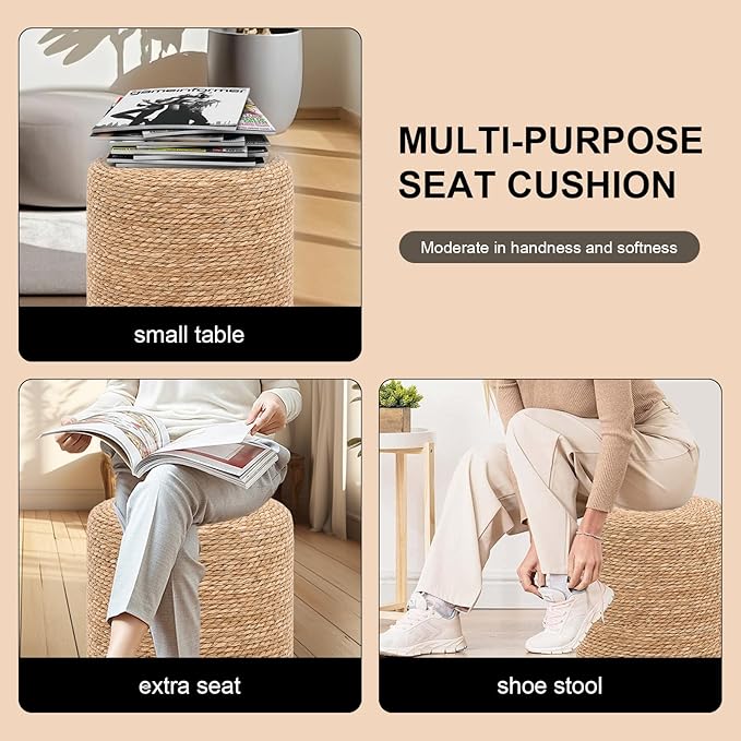 16'' Round Ottoman Natural Seagrass Braided Poof Hand Weaving Round Ottomans Boho Footrest Stool for Home Living Room Bedroom Patio(Natural)-HomvellaHome