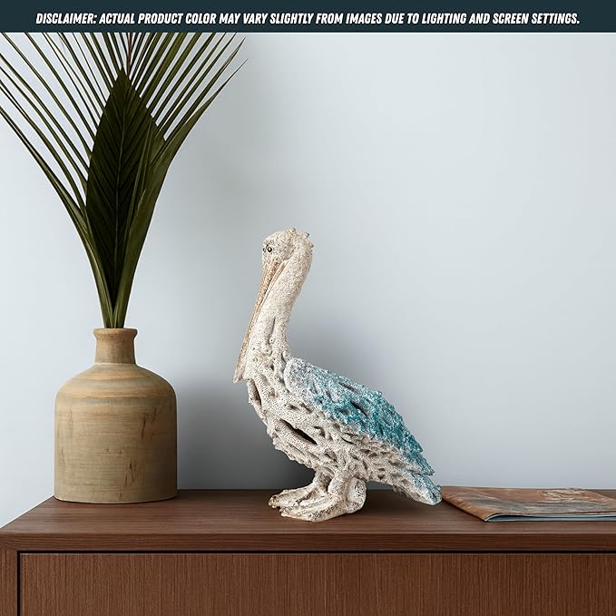 Blue Pelican Standing Figurine 13.75” Coastal Coral Reef Home Decor Nautical Beach Statue for Tabletop Shelf or Mantel Ocean Inspired Room Accents-HomvellaHome