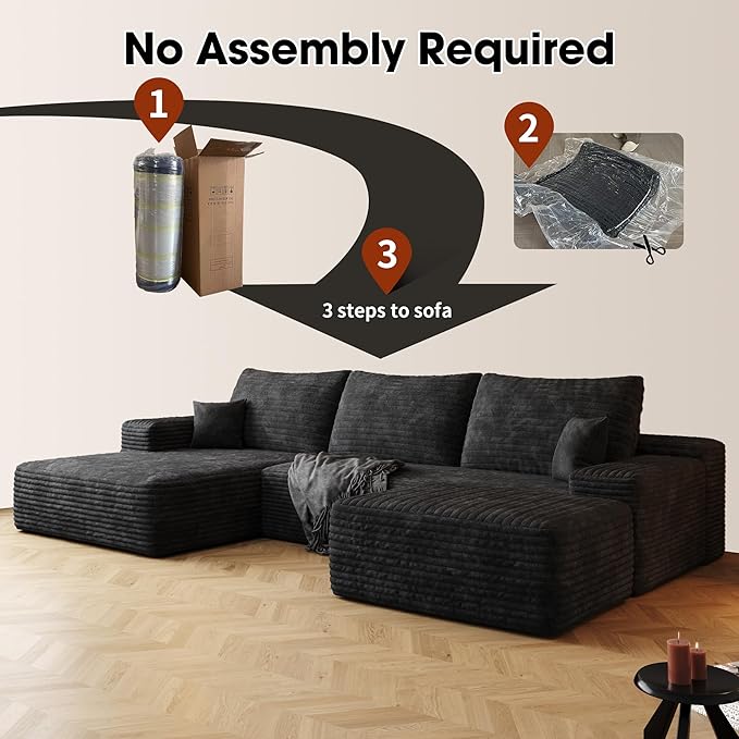 108" Sectional Couches for Living Room Modern Modular Sofa with L-Shape Couchs Upholstered Boneless Couch Deep Seat Sectional Couch with Chaise (Black, Left Facing Chaise+2Seaters+1Ottoman)-HomvellaHome