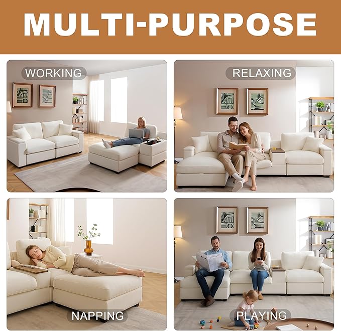 120.3" Modern L-Shaped Sectional Sofa with 360°Swivel Drop-Down Table, Storage Armrest, USB Ports & Movable Storage Ottoman – Plush Linen Cloud Couch for Lounge (Beige)-HomvellaHome