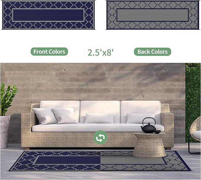 GENIMO 2.5 ' x 8 ' Outdoor Rug for Porch Patio Clearance, Waterproof Indoor Outdoor Plastic Straw Rugs Carpet, Reversible Outside Area Rv Mat for Camping, Balcony, Deck, Picnic, Beach (Blue & Gray)-HomvellaHome