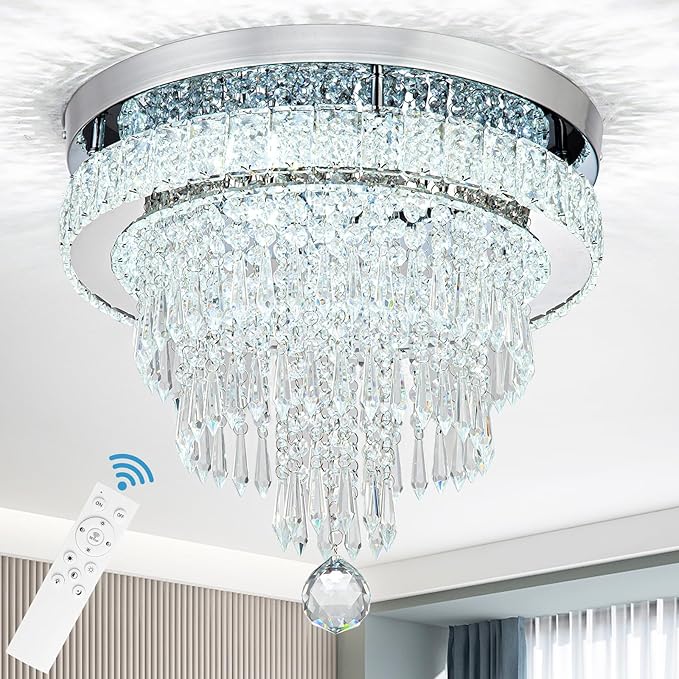 16“ Crystal Chandeliers Round Modern LED Chandelier Light Flush Mount Ceiling Light Fixtures with Remote Control for Bedroom Living Room Dining Room (dimmable)-HomvellaHome