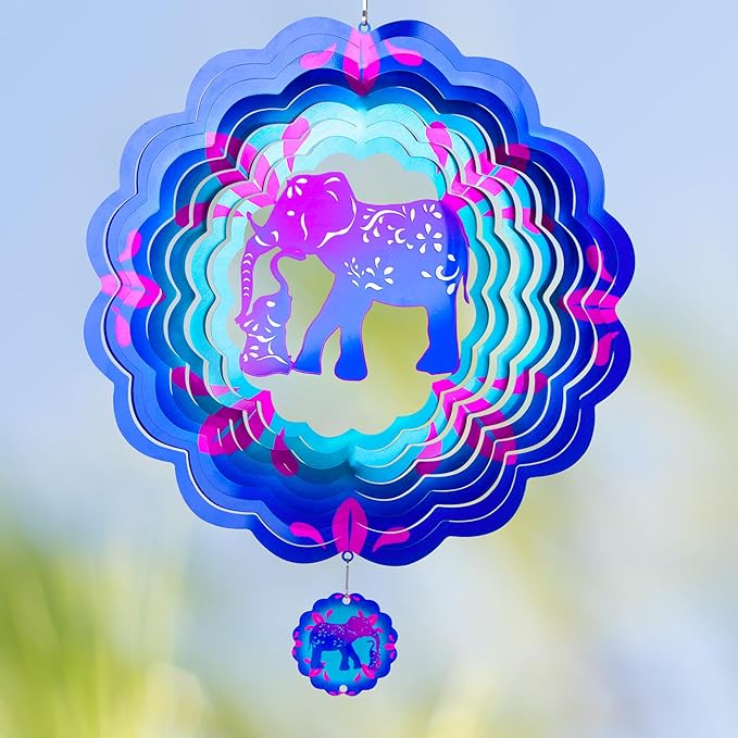 12 inch Elephant 3D Stainless Steel Wind Spinners, Hanging Garden Spinner Kinetic Art Garden Decorations, Reflective Wind Sculpture for Indoor/Outdoor Decor-HomvellaHome