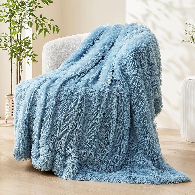 GONAAP Fuzzy Faux Fur Throw Blanket Twin Size Light Blue Super Soft Cozy Plush Fuzzy Shaggy Blanket for Couch Sofa Bed (Light Blue, Twin(60"x80"))-HomvellaHome
