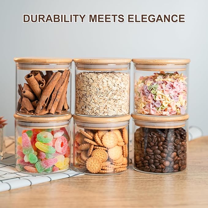 Glass Food Storage Jars 6-Pack - 4x4 in-Clear Glass Food Canisters with Bamboo Lid Airtight For Serving Tea, Coffee, Flour, Sugar, Candy, Cookie, Spice and More (Circular)-HomvellaHome
