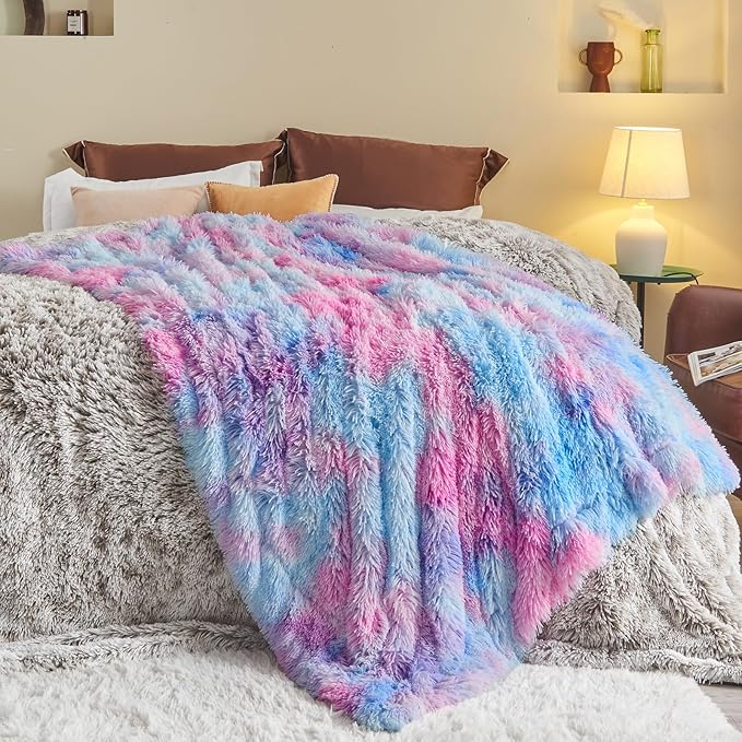 GONAAP Fuzzy Faux Fur Throw Blanket Purple Rainbow Super Soft Cozy Plush Fuzzy Shaggy Blanket for Couch Sofa Bed (Purple Rainbow, Throw(50"x60"))-HomvellaHome