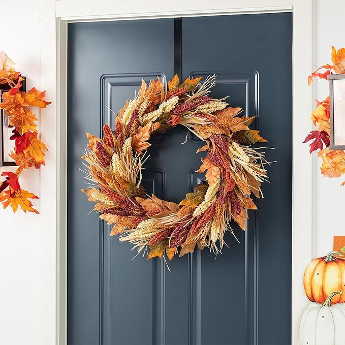 Glitzhome 24" D Fall Sorghum Wreath with Metal Hanger, Harvest Wreath for Front Door, Fall Door Wreaths for Indoor Outdoor Thanksgiving Harvest Holiday Decorations-HomvellaHome