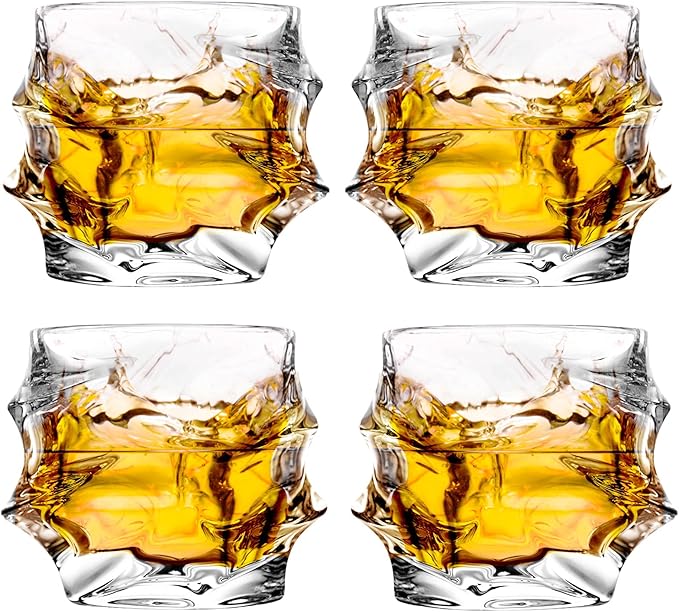 12 oz Hand Blown Crystal Whiskey Glasses Set of 4, Unique Cognac Glass, Heavy Thick Bottom Bar Glass for Scotch Bourbon Rum Gin Water Cocktail,Gifts Men Gifts Ideas-HomvellaHome