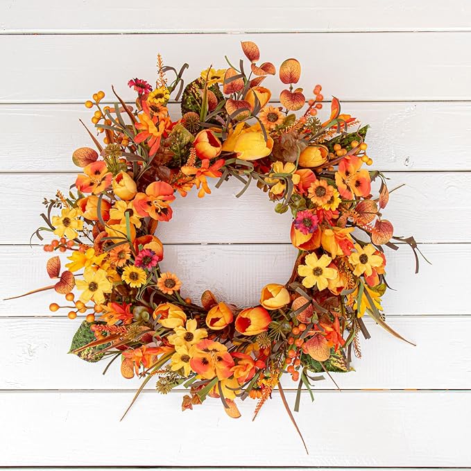 18 Inches Fall Wreaths for Front Door Rustic Autumn Wreath Farmhouse Fall Floral Wreaths with Tulips Phalaenopsis Orange Wildflowers for Wall Window Porch Indoor Outside Decor-HomvellaHome