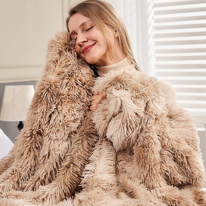 GONAAP Fuzzy Faux Fur Throw Blanket Queen Size Tie-dye Beige Super Soft Cozy Plush Fuzzy Shaggy Blanket for Couch Sofa Bed (Tie-dye Beige, Queen(90"x90"))-HomvellaHome
