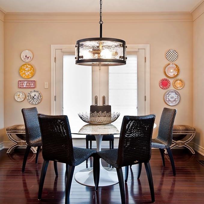 13" Industrial Drum Glass Chandelier, 3-Light Rustic Hanging Pendant Lights, Metal Round Lighting Fixture for Dining Room Foyer Entryway Hallway Bedroom, Clear Waterglass Drum Shade-HomvellaHome