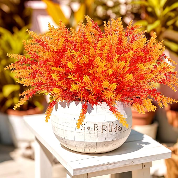 Geegoods 16 Bundles Artificial Fall Flowers Outdoor – Faux Lavender Flowers with Monkey Grass UV Resistant Plastic Faux Plants for Halloween Front Door Porch Patio Yard Balcony Decor, Orange Color-HomvellaHome