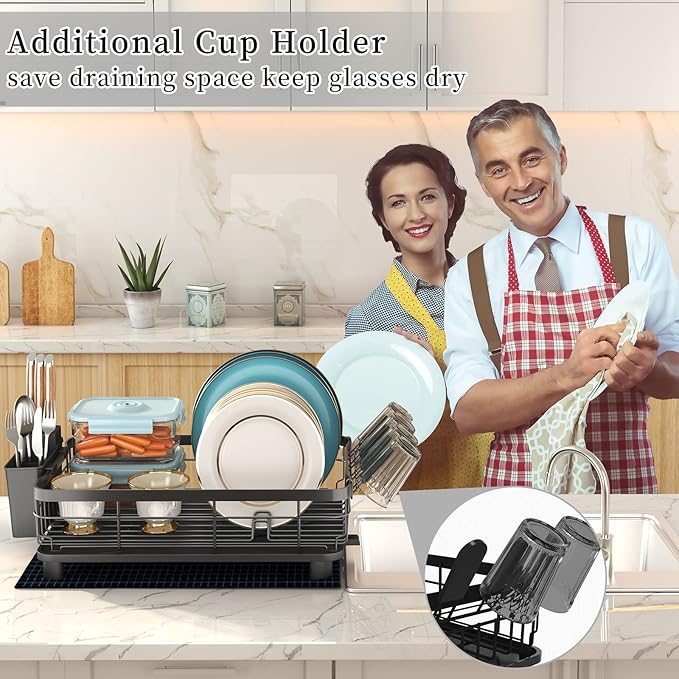 Godboat Dish Drying Rack, Dish Rack with Auto-Drain & Mat, Dish Drainers for Kitchen Counter, Glass Organizer for 4 Cups, 3 Slots Utensil Holder, Gifts for Women Mothers Day, Kitchen Gadgets & Decor-HomvellaHome