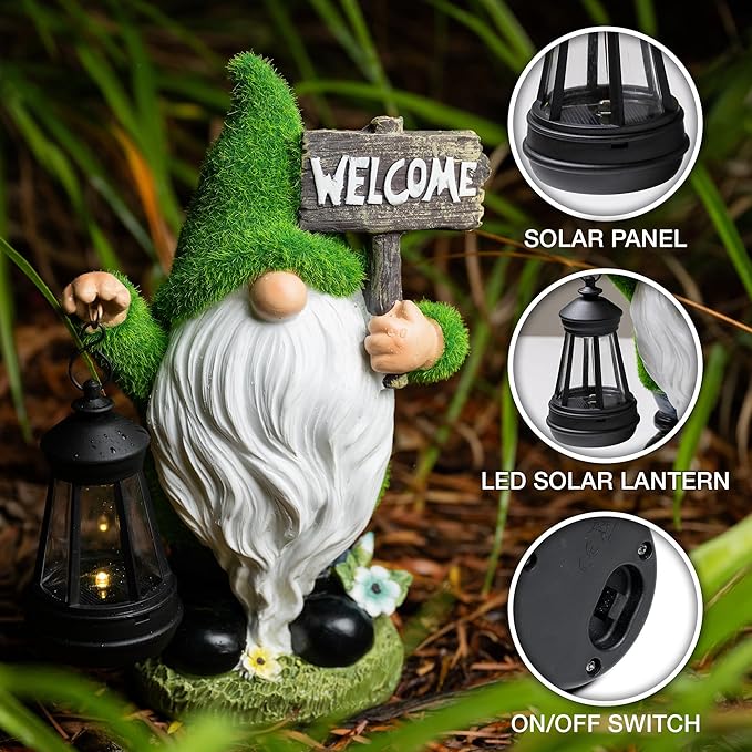 Garden Gnomes Outdoor with LED Solar Light - 11’’ Funny Gnome Decorations/ ornaments for Home/Yard/Patio Solar Lantern Garden Statues - Decor -Deals/clearance - Housewarming/Birthday Gifts-HomvellaHome